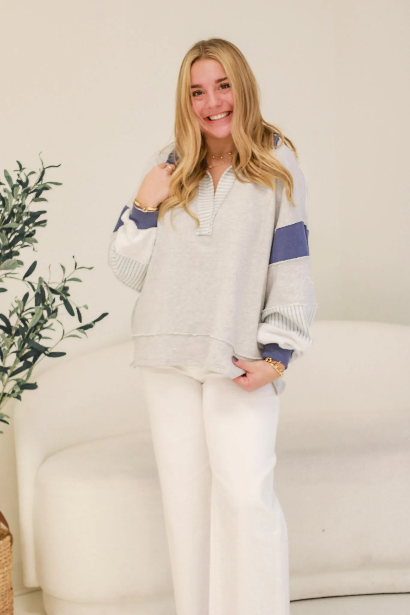 Not Mad About it Bucketlist French Terry Pullover in Heather Gray/Navy Mix