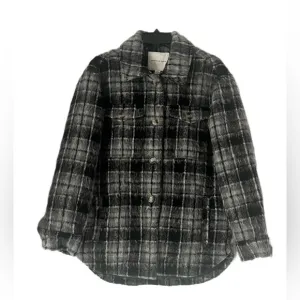 NWOT American Eagle Oversized Brushed Sherpa Plaid Jacket Gray &amp; Black Size S