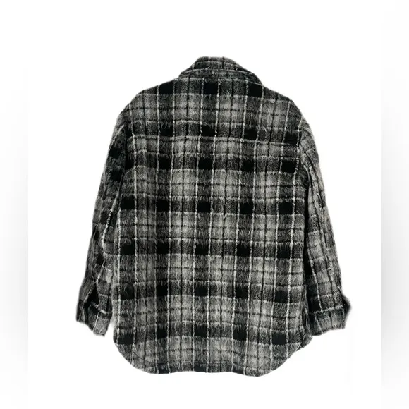NWOT American Eagle Oversized Brushed Sherpa Plaid Jacket Gray &amp; Black Size S