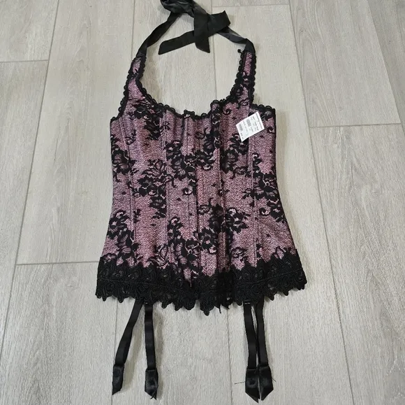 NWT Frederick's Of Hollywood Corset Size 34 Pink &amp; Black Lace