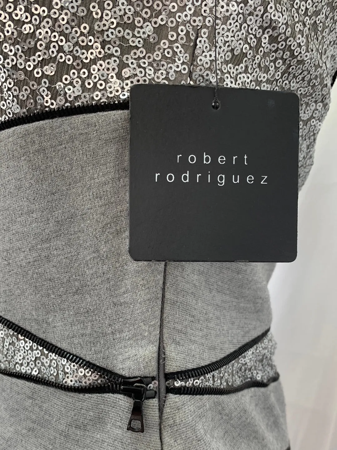 NWT - ROBERT RODRIGUEZ gray silver Zipper Sequin Strapless Dress - 4