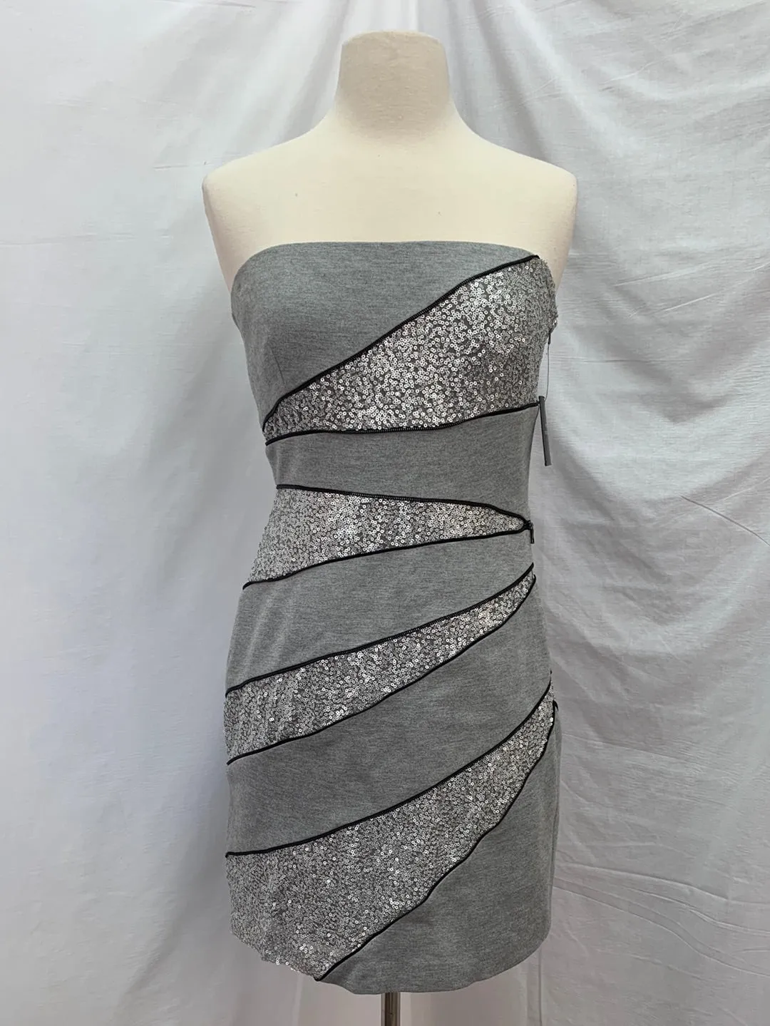 NWT - ROBERT RODRIGUEZ gray silver Zipper Sequin Strapless Dress - 4