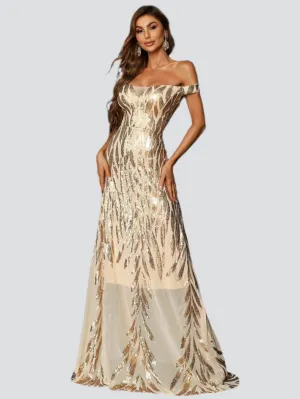 Off Shoulder Mesh Sequin Prom Dress M0709