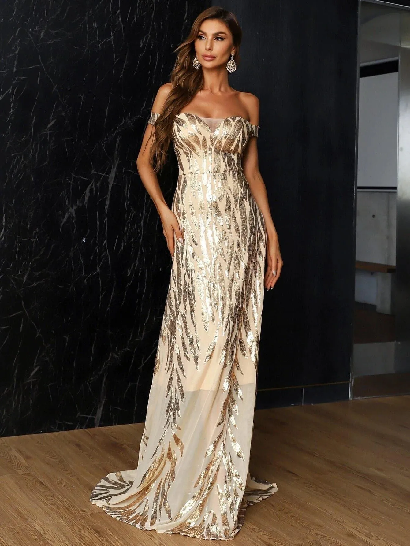 Off Shoulder Mesh Sequin Prom Dress M0709