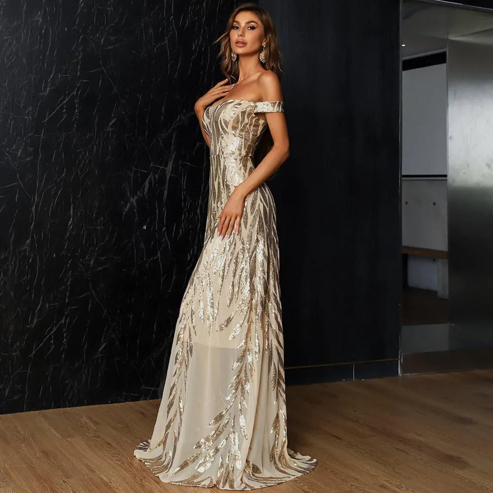 Off Shoulder Mesh Sequin Prom Dress M0709