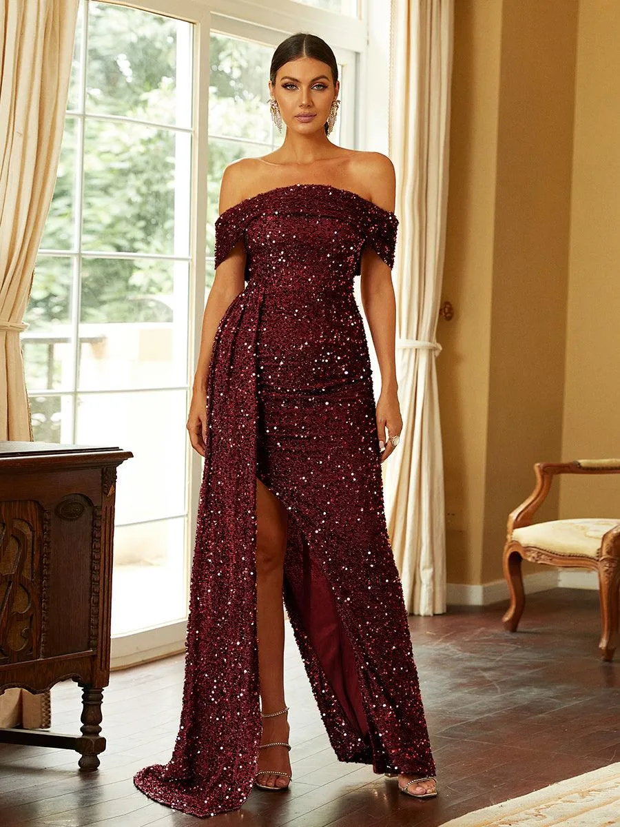 Off Shoulder Sequin High Split Prom Dress XH2132