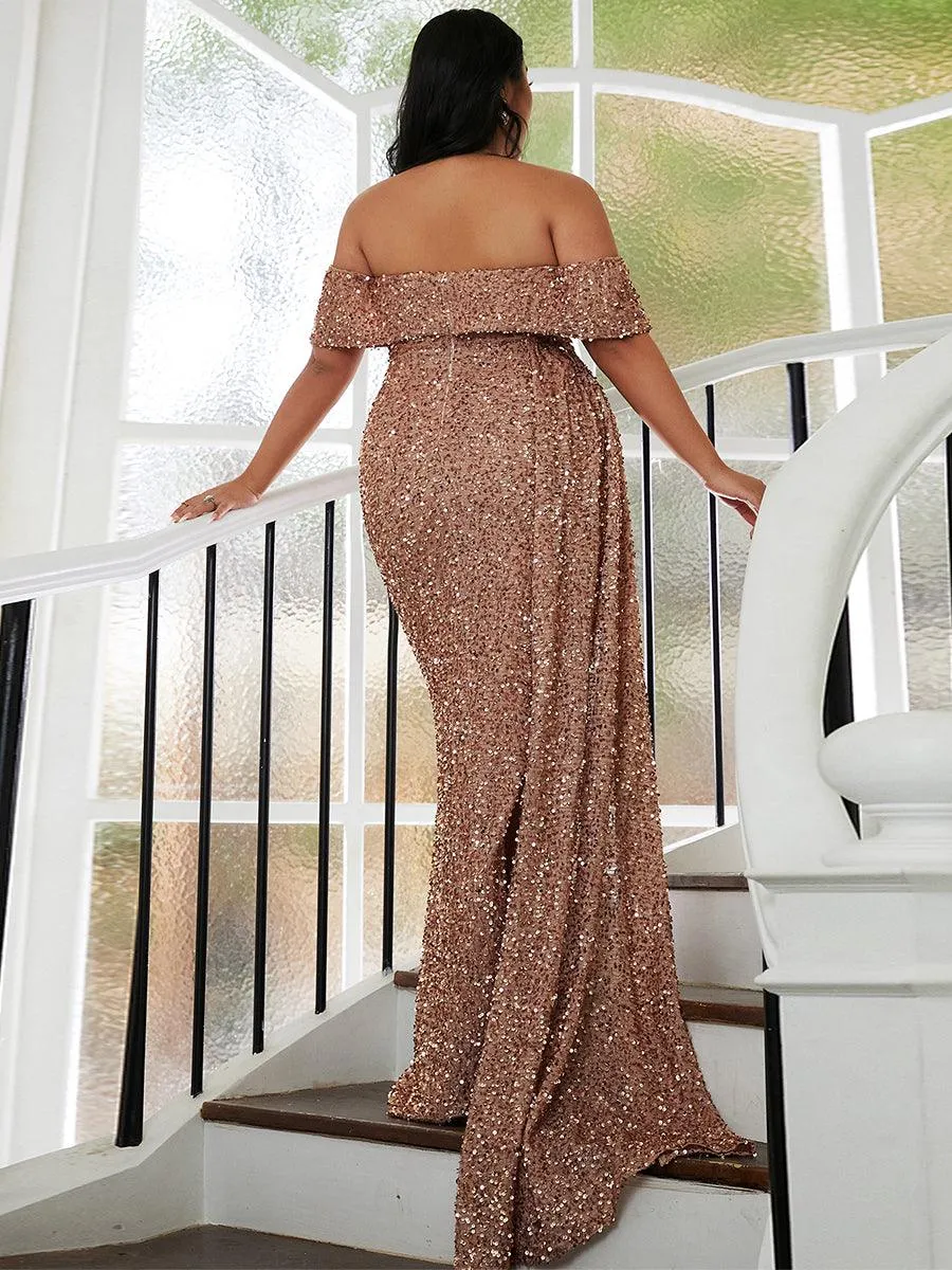 Off Shoulder Sequin High Split Prom Dress XH2132