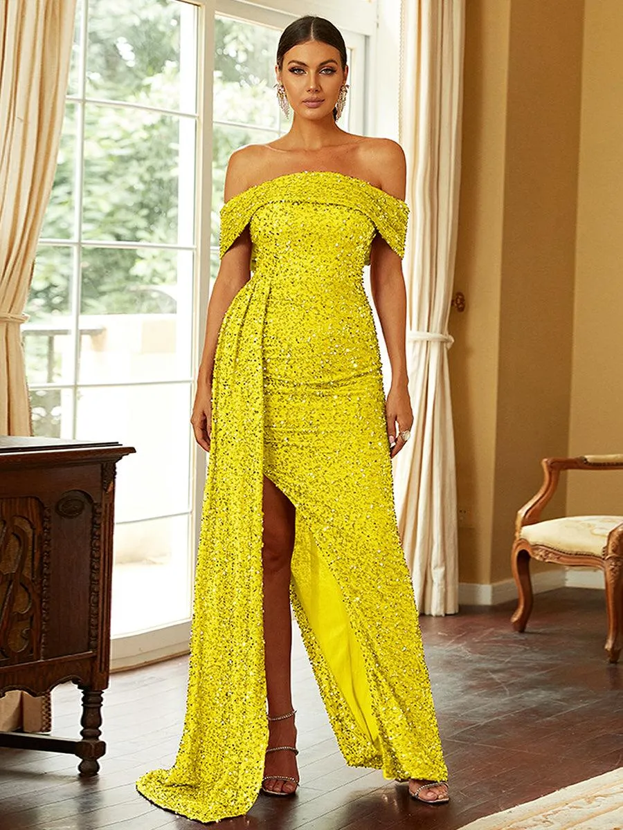Off Shoulder Sequin High Split Prom Dress XH2132