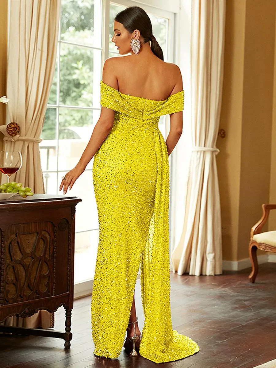 Off Shoulder Sequin High Split Prom Dress XH2132