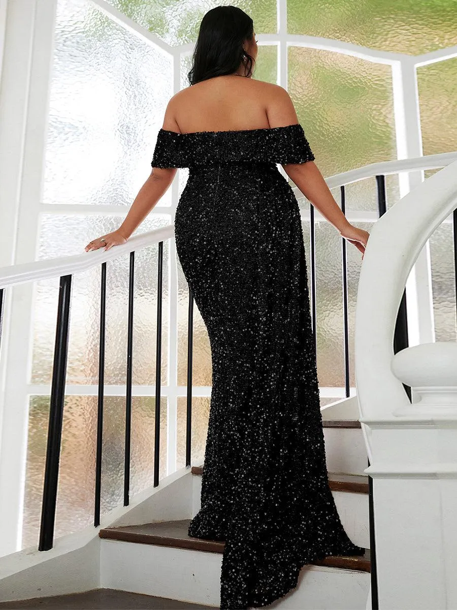 Off Shoulder Sequin High Split Prom Dress XH2132