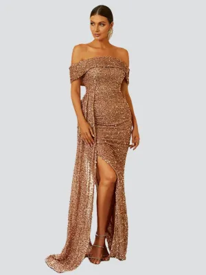 Off Shoulder Sequin High Split Prom Dress XH2132