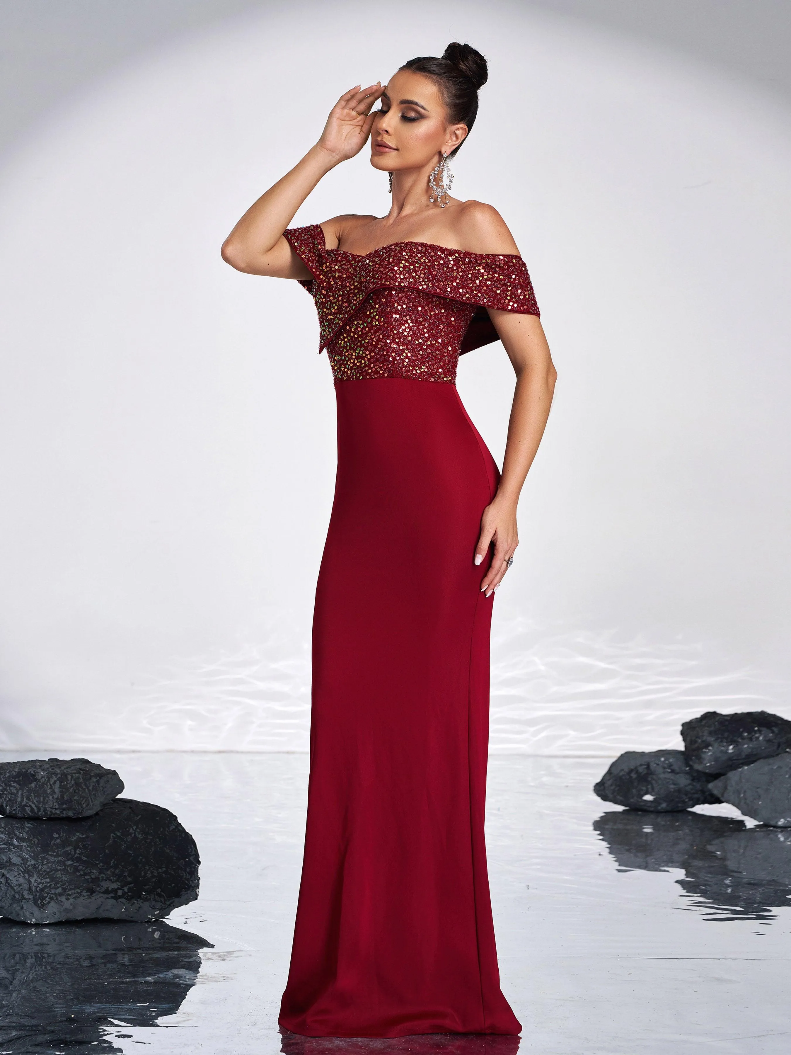 Off Shoulder Sequins Panel Black Evening Dress RM20181