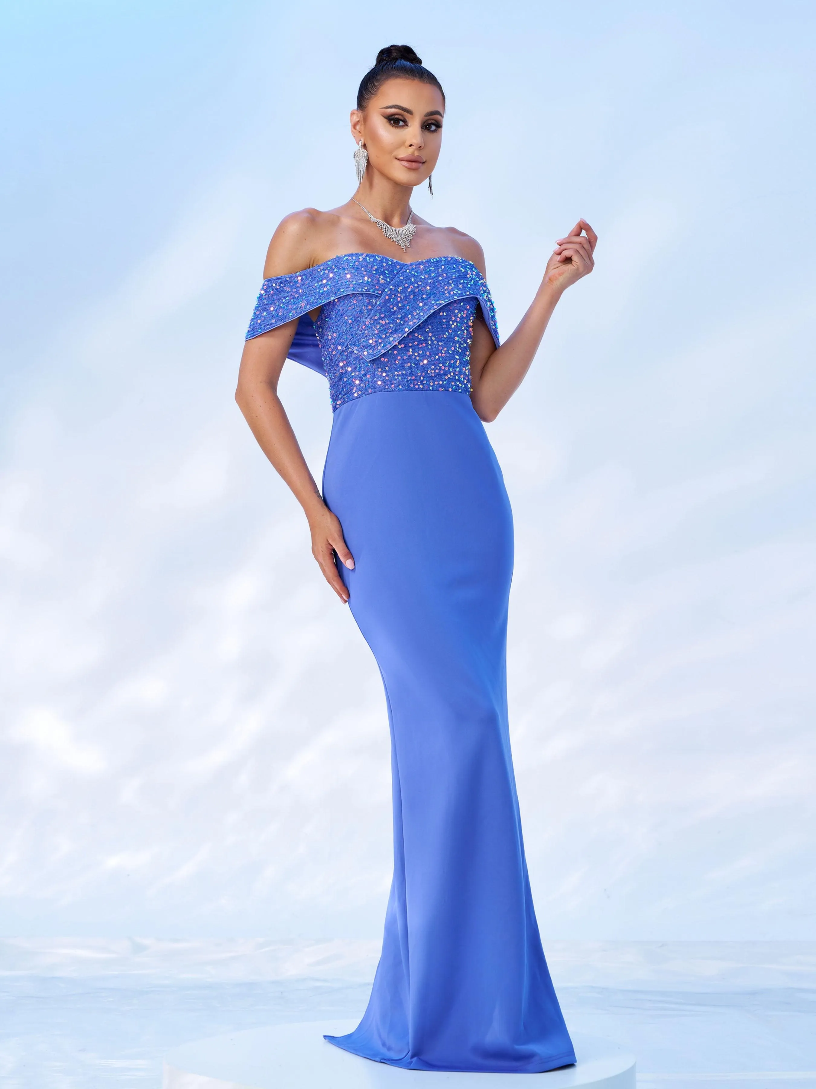 Off Shoulder Sequins Panel Black Evening Dress RM20181