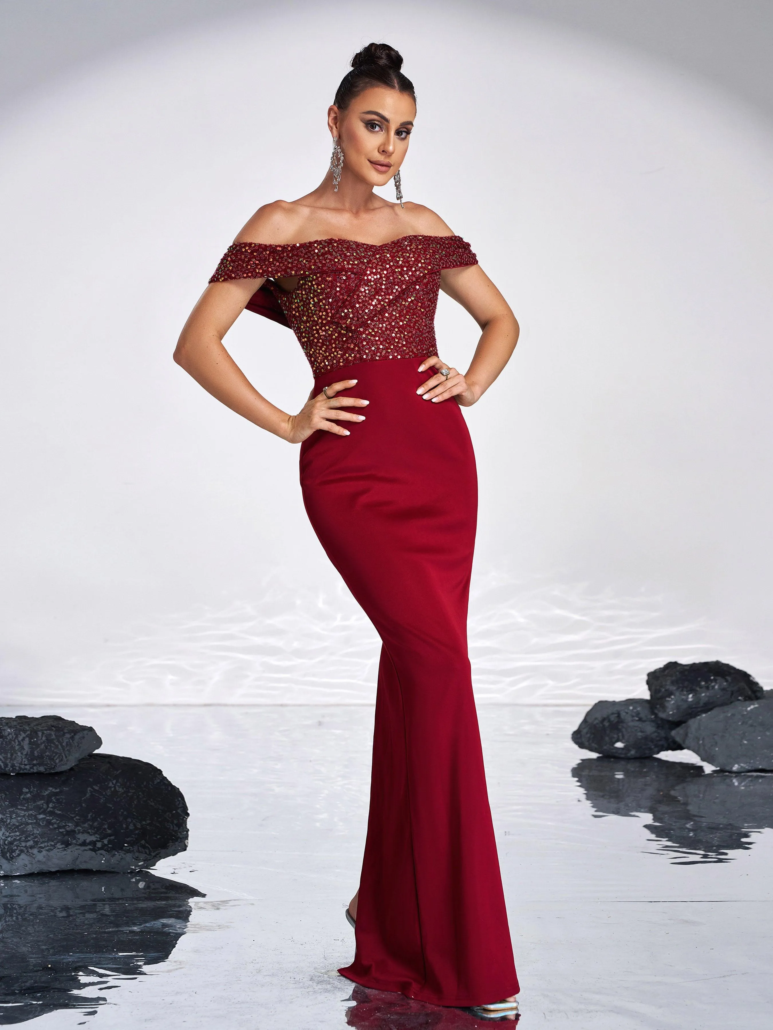 Off Shoulder Sequins Panel Black Evening Dress RM20181