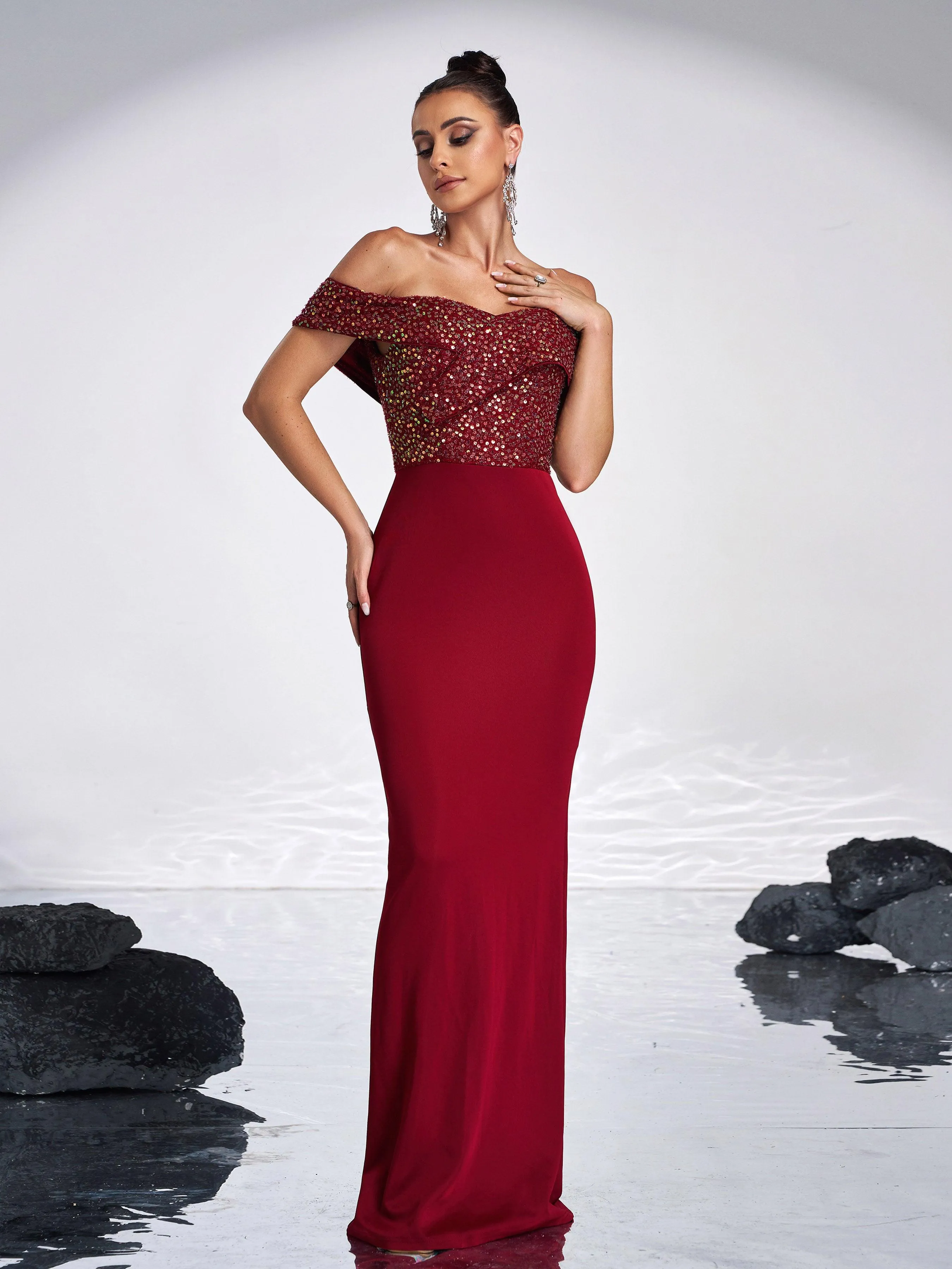 Off Shoulder Sequins Panel Black Evening Dress RM20181