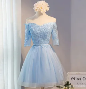 Off Shoulder Short Sleeve Blue Lace Homecoming Prom Dresses, Affordable Short Party Prom Dresses, Perfect Homecoming Dresses, CM287