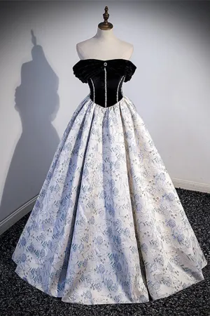 Off the Shoulder Black and Floral Long Formal Gown