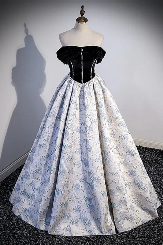 Off the Shoulder Black and Floral Long Formal Gown