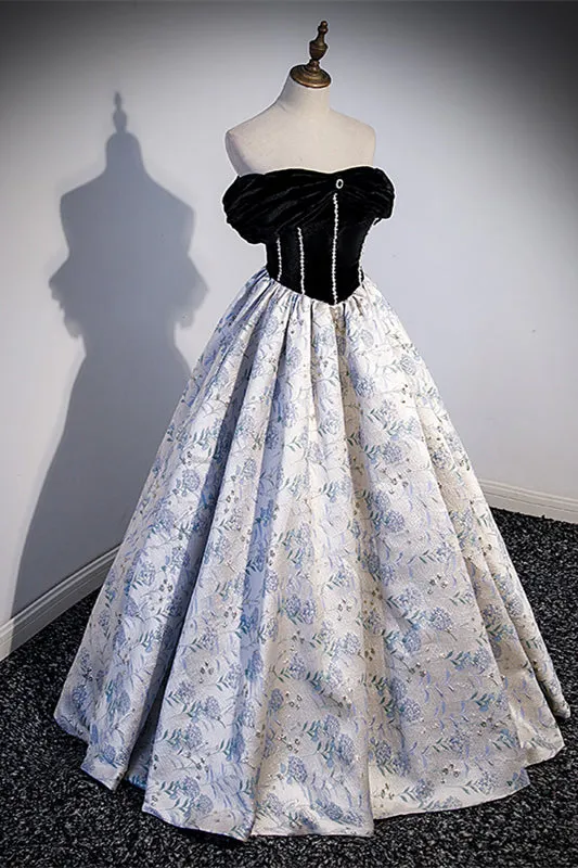 Off the Shoulder Black and Floral Long Formal Gown