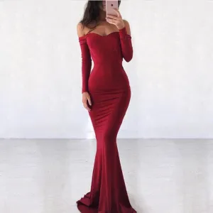 Off the Shoulder Long Sleeves Mermaid Burgundy Long Bridesmaid Dresses, BGP299