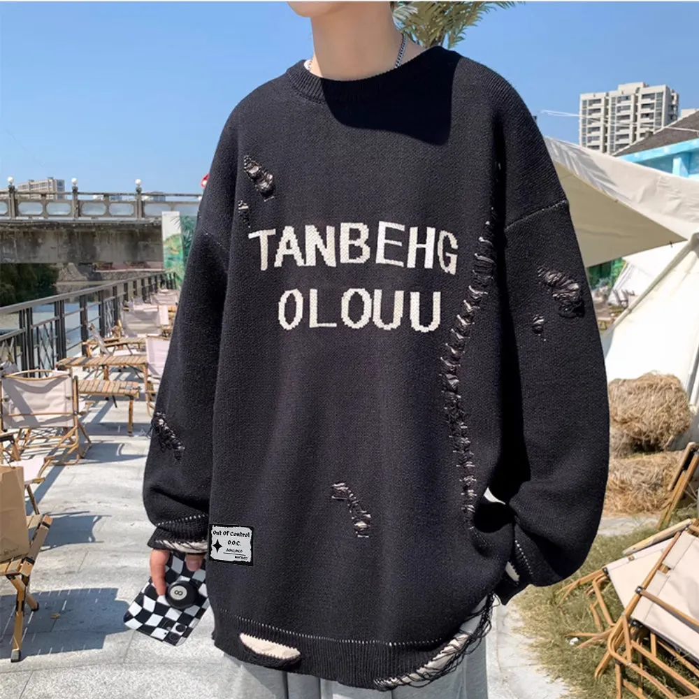 ⚡OOC' Distressed Letter Crew Neck Sweater