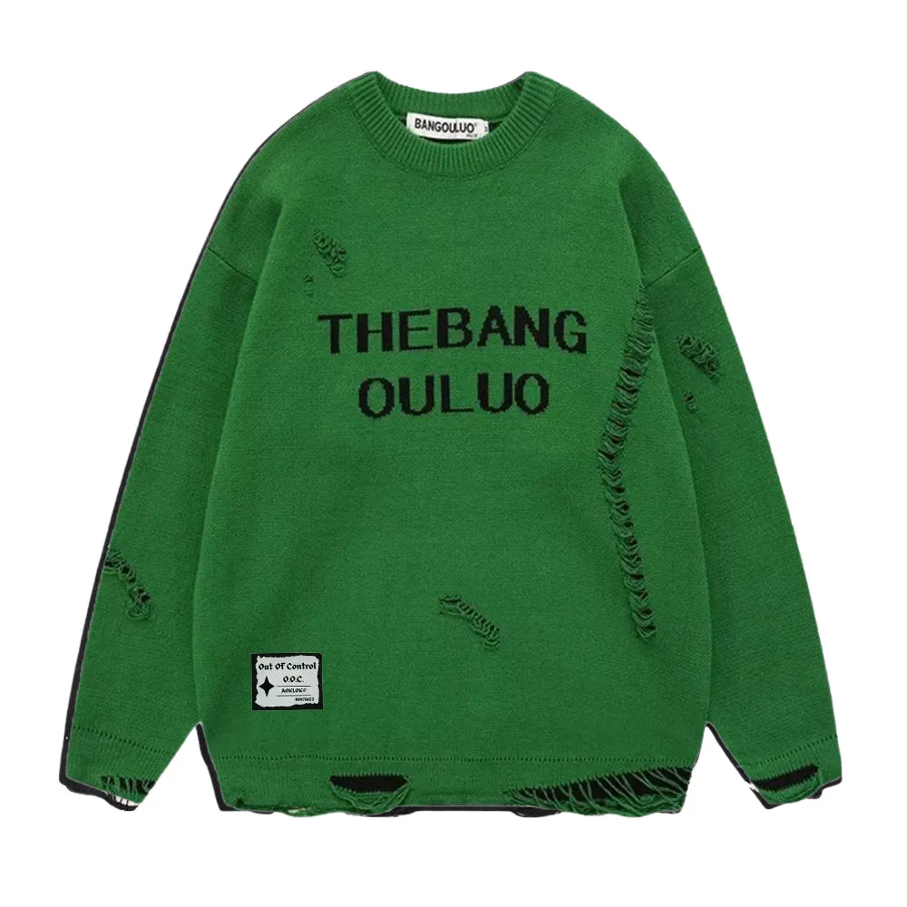⚡OOC' Distressed Letter Crew Neck Sweater
