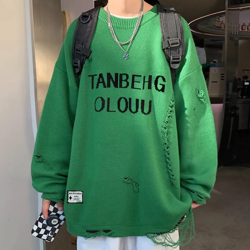 ⚡OOC' Distressed Letter Crew Neck Sweater
