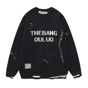 ⚡OOC' Distressed Letter Crew Neck Sweater