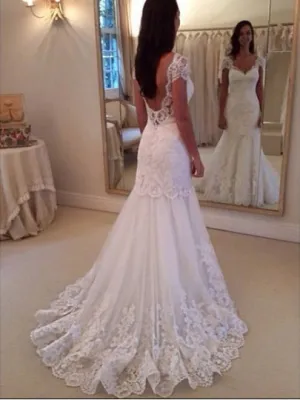 Open Back Sweep Train Mermaid Wedding Dress