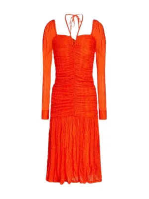 Orange Ruched Stretch-Cloqué Halterneck Midi Dress