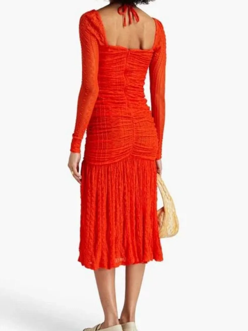 Orange Ruched Stretch-Cloqué Halterneck Midi Dress