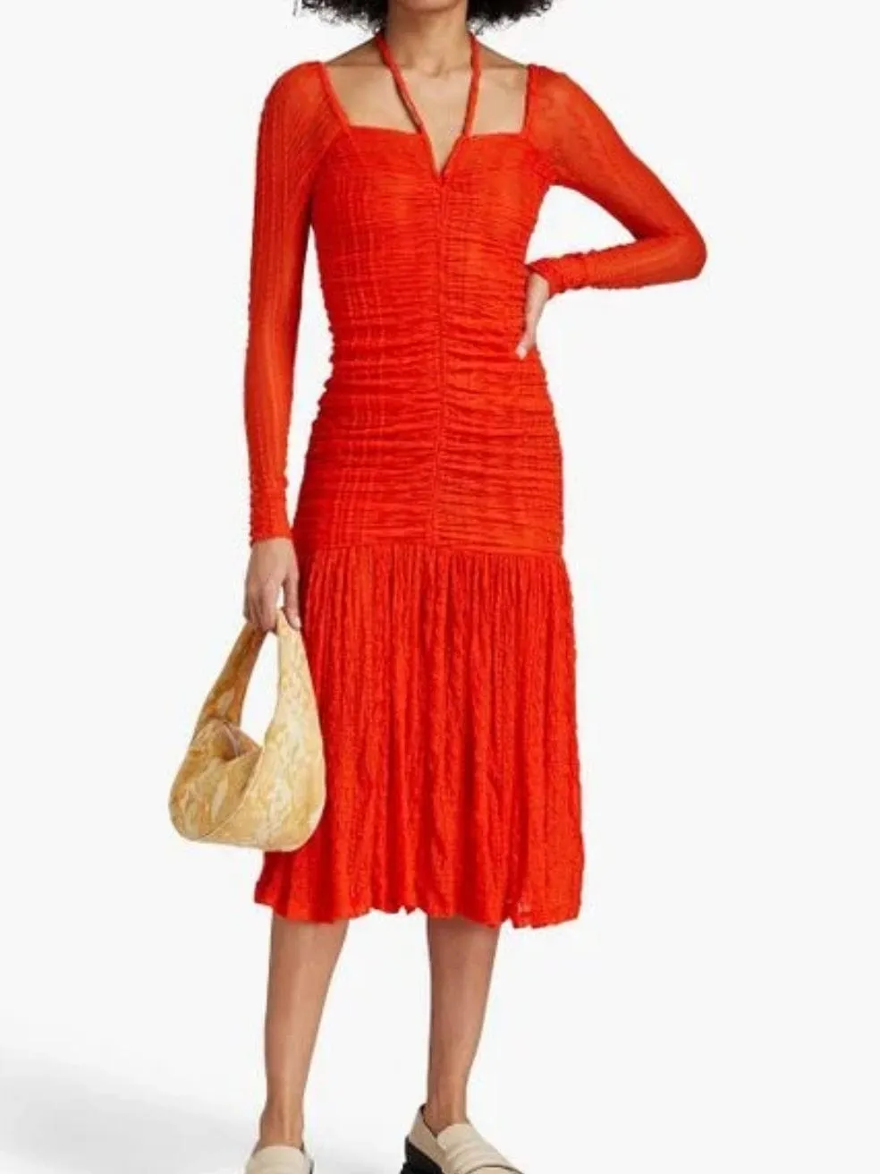 Orange Ruched Stretch-Cloqué Halterneck Midi Dress