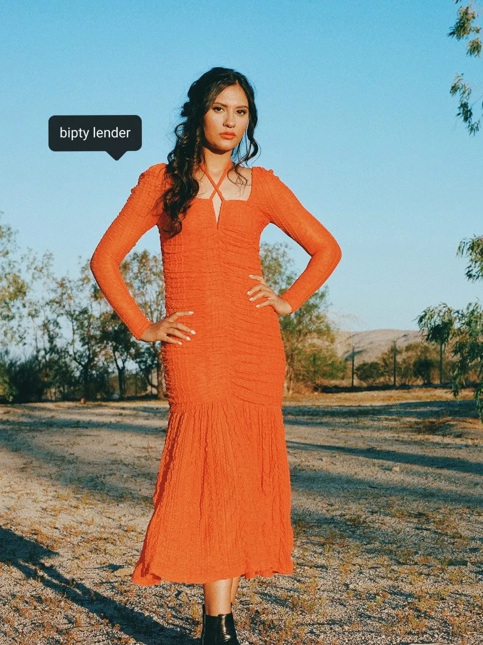 Orange Ruched Stretch-Cloqué Halterneck Midi Dress