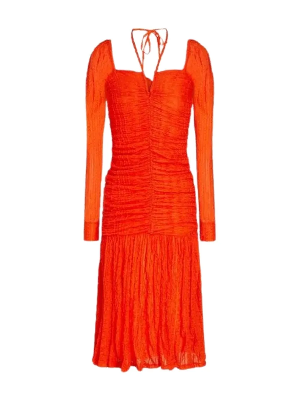 Orange Ruched Stretch-Cloqué Halterneck Midi Dress