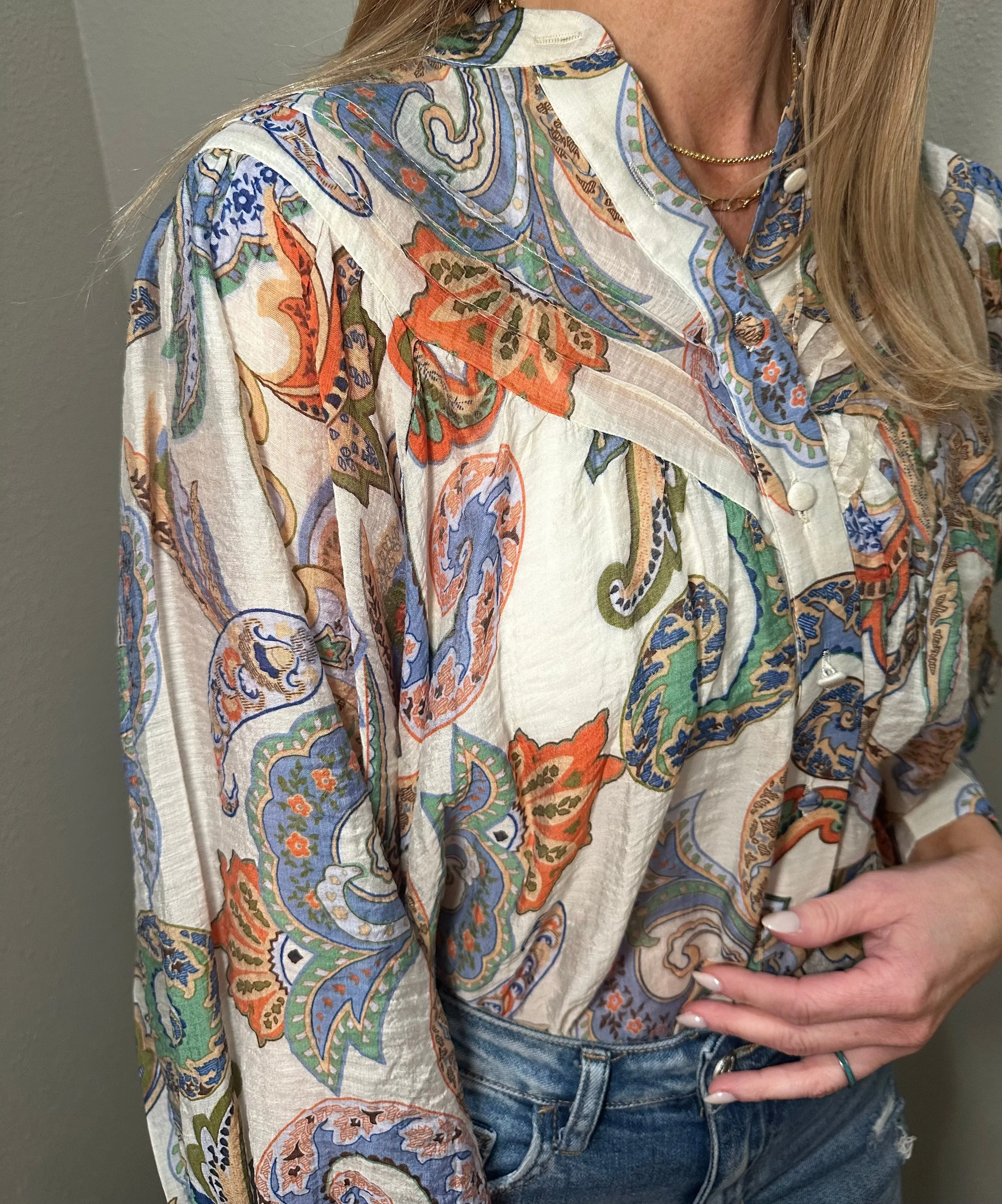 Paisley Printed Bubble Sleeve Top