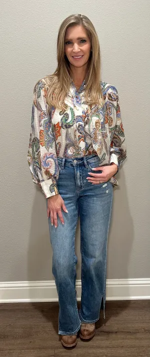 Paisley Printed Bubble Sleeve Top