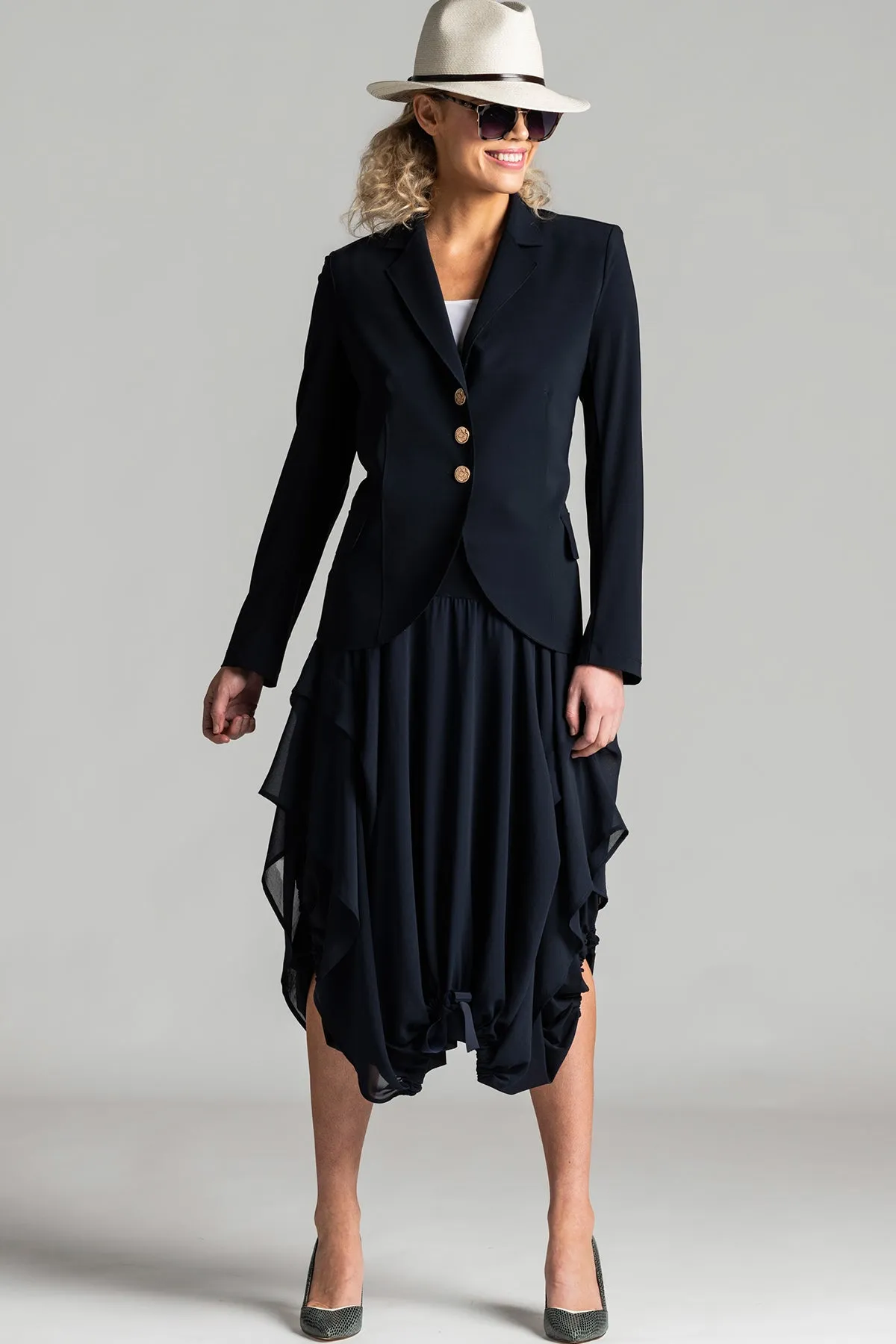 PAULA RYAN Classic Waisted Jacket - Navy - Bonded Microjersey