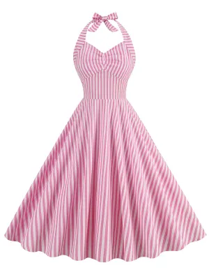 Pink And White Vertical Stripe Halter Barbie Same Style 1950S Vintage Dress