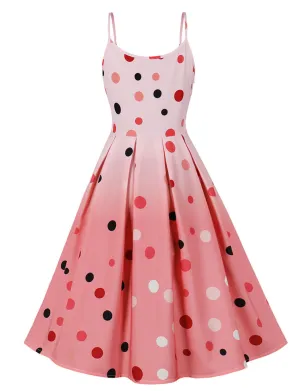 Pink Spaghetti Strap Polka Dots Macaron Color 1950S Dress