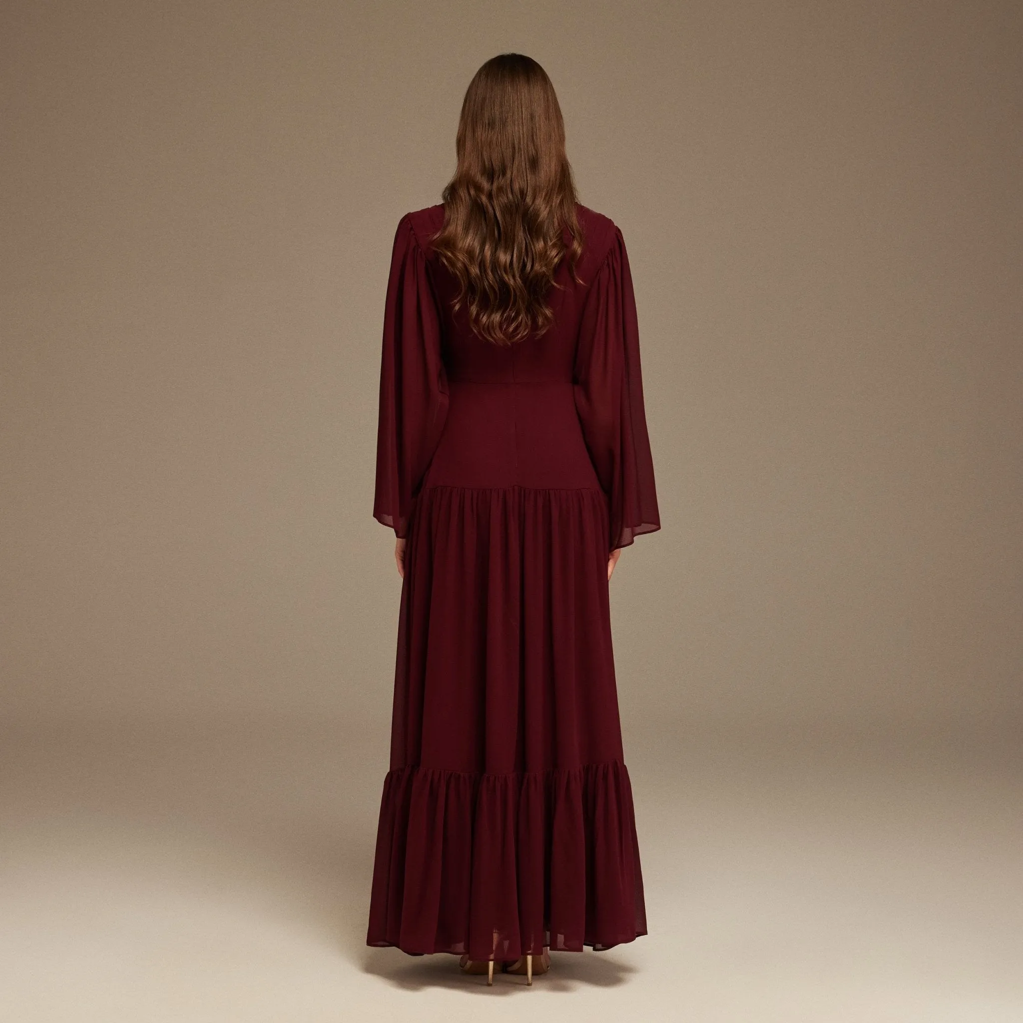 Pleated Long Sleeve Chiffon Maxi Dress