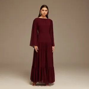 Pleated Long Sleeve Chiffon Maxi Dress