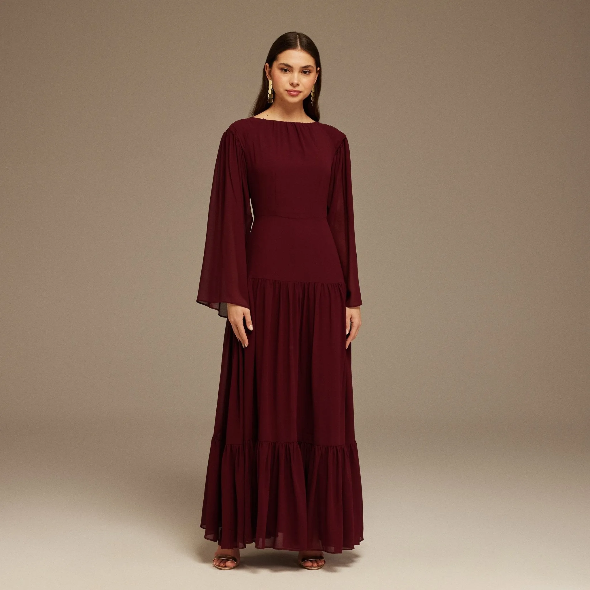 Pleated Long Sleeve Chiffon Maxi Dress
