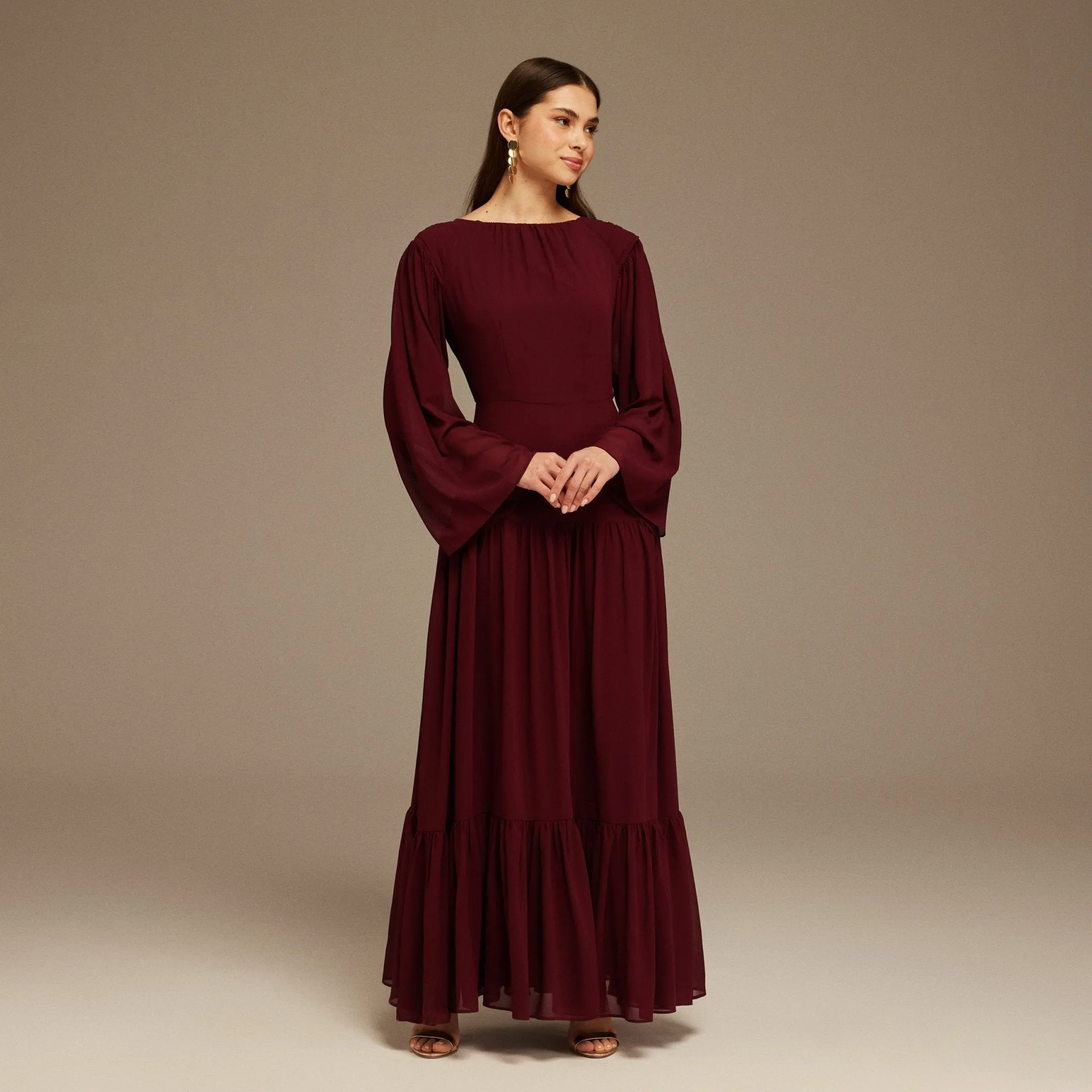 Pleated Long Sleeve Chiffon Maxi Dress