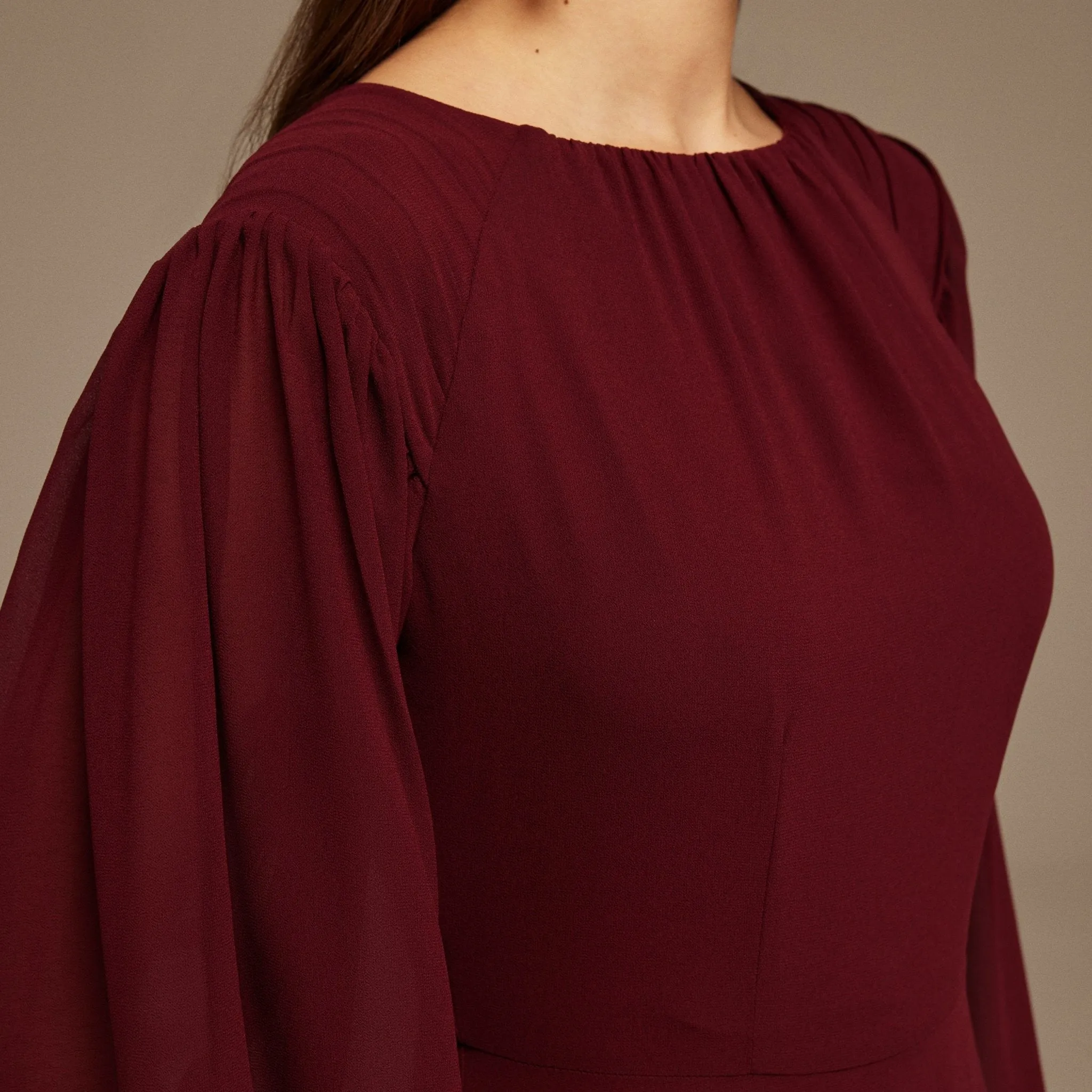 Pleated Long Sleeve Chiffon Maxi Dress