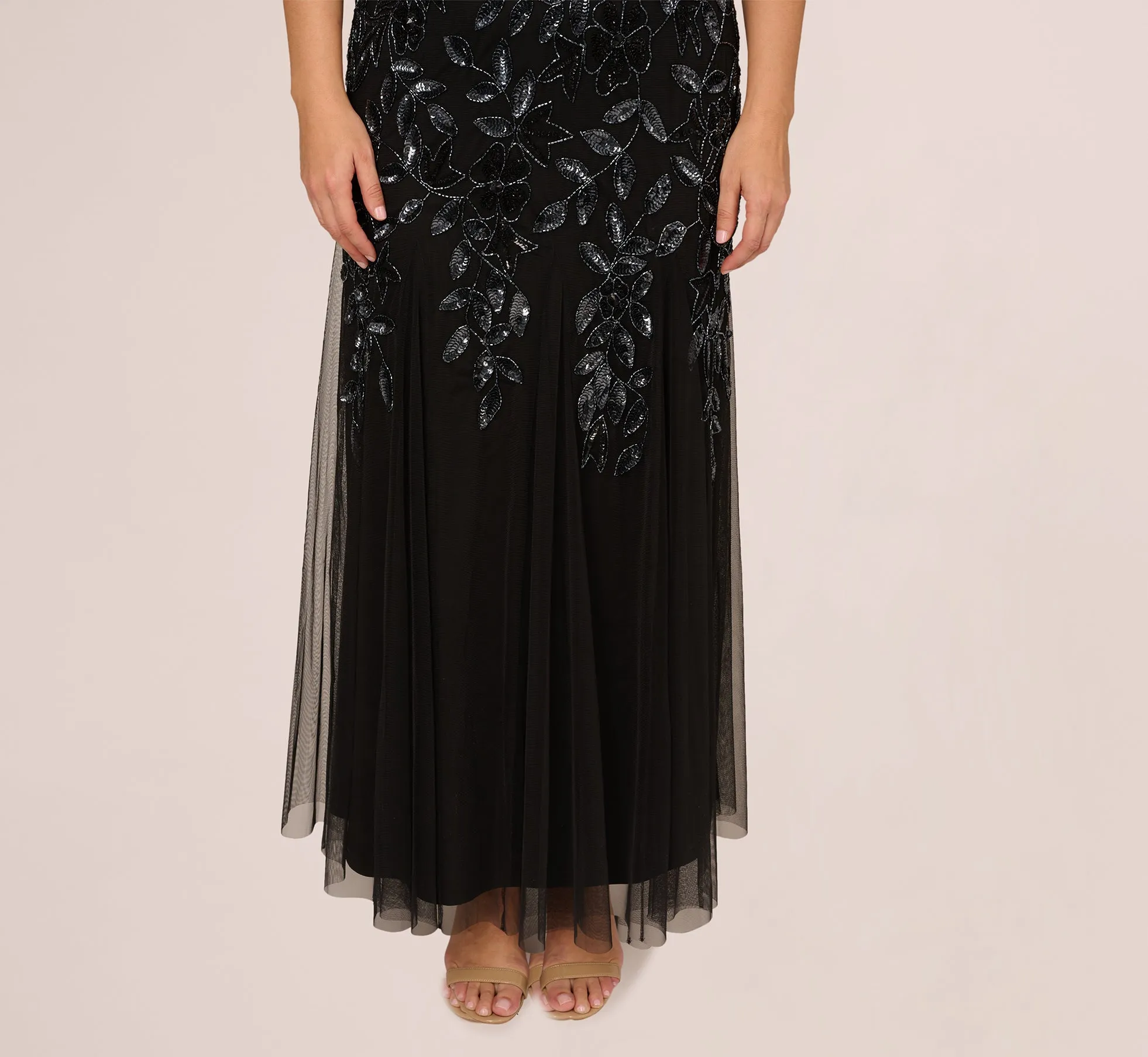 Plus Size Hand Beaded Short Sleeve Floral Godet Gown In Black Gunmetal