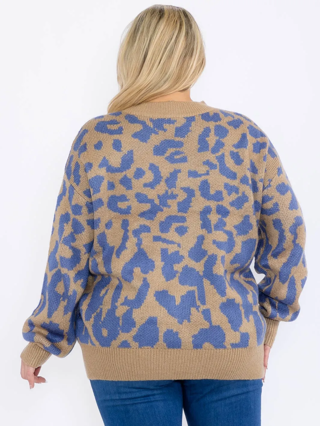 PLUS SIZE LONG SLEEVE ANIMAL PRINT PULLOVER COLORBLOCK SWEATER