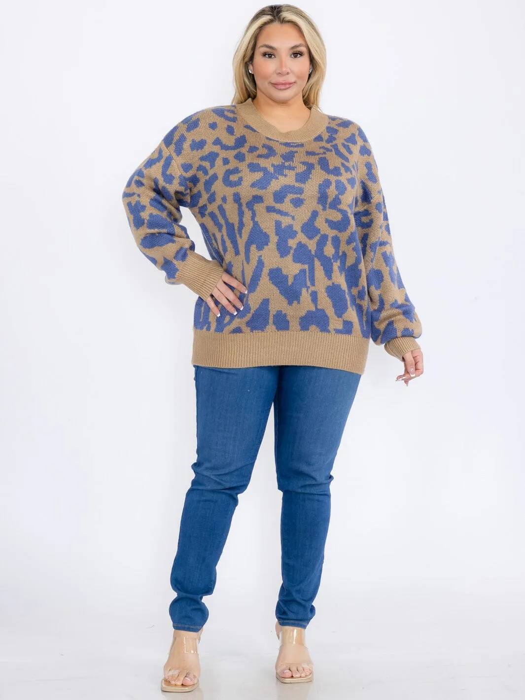 PLUS SIZE LONG SLEEVE ANIMAL PRINT PULLOVER COLORBLOCK SWEATER