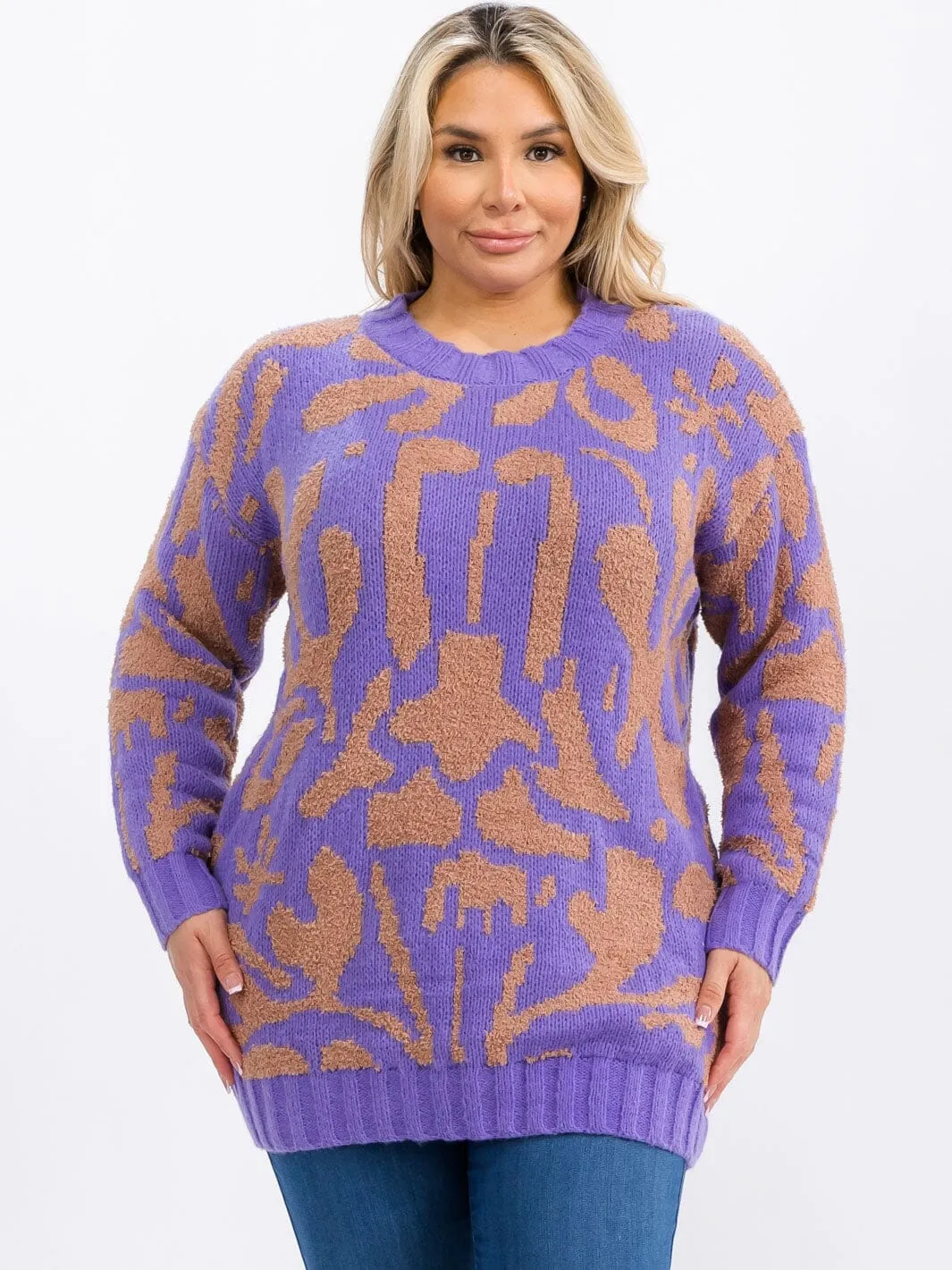 PLUS SIZE LONG SLEEVE COLORBLOCK PULLOVER SWEATER