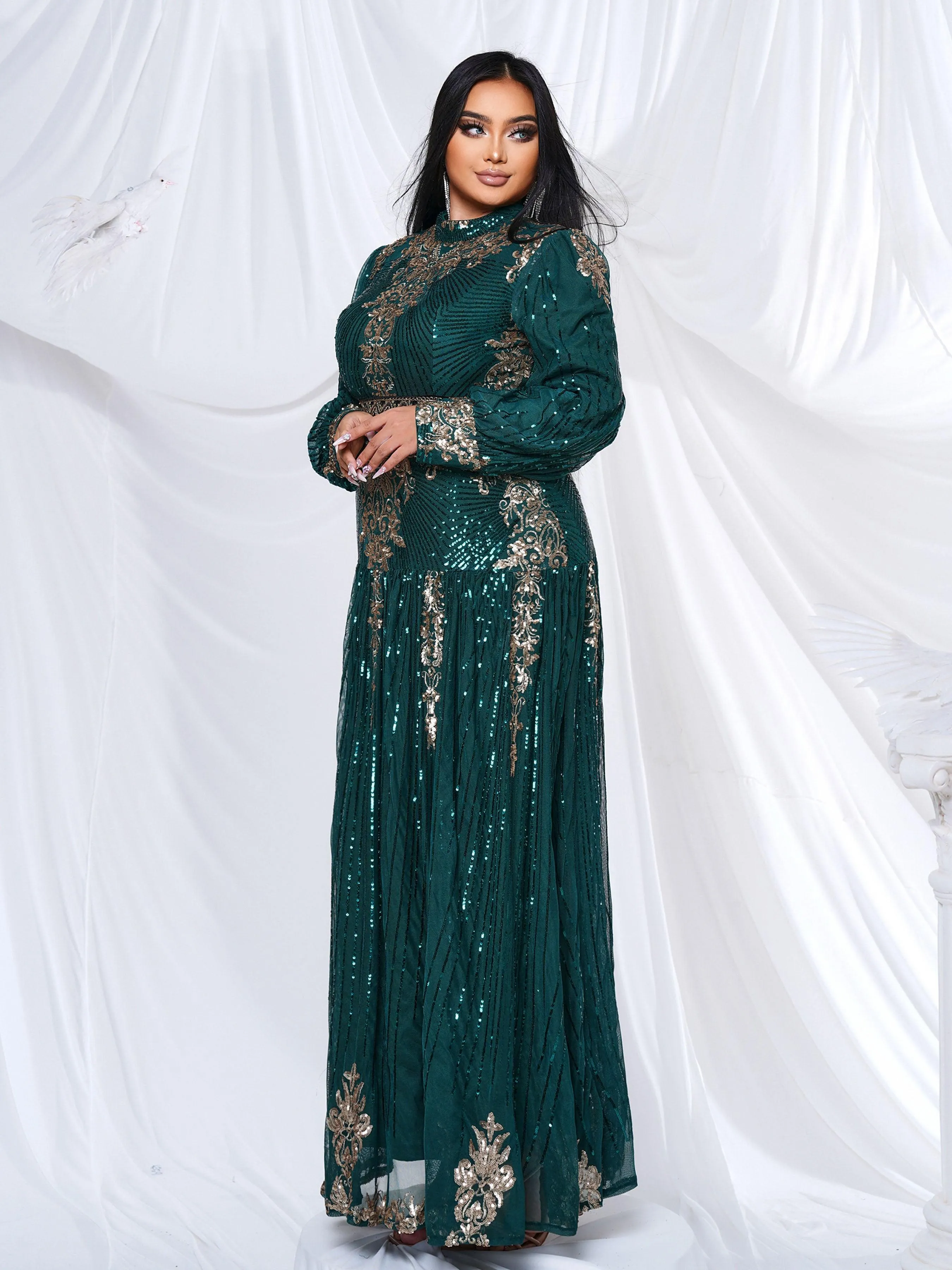 Plus Stand Collar Sequin A-line Dress PMES00341