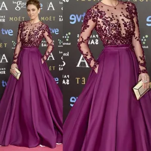 Purple Carpet Inspired Plum See Through Beaded Sexy Long Sleeve A-line Satin Prom Dresses, TYP0030